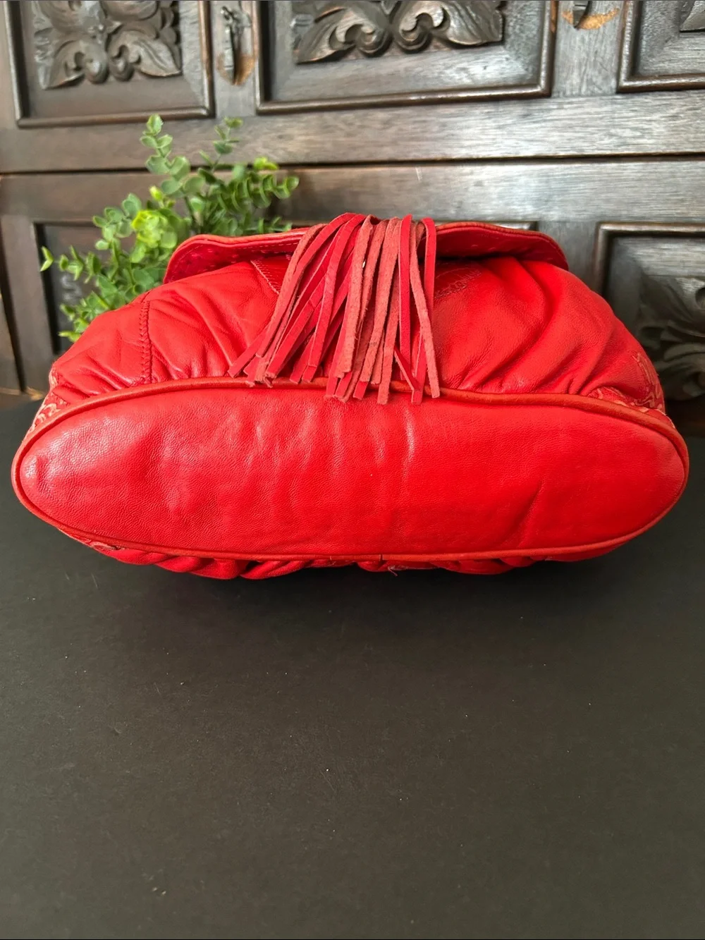 Viva of California Vintage Red Leather Fringe Shoulder Bag with Embossed Detail